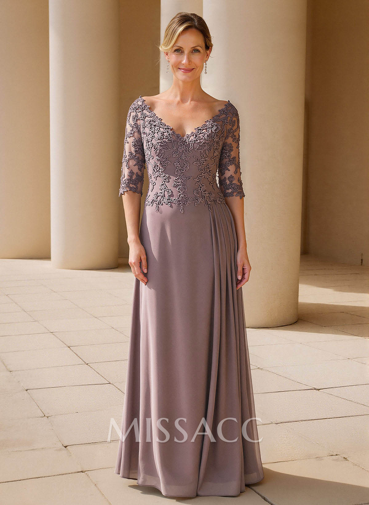 Elegant V-Neck 1/2 Sleeves Floor-Length Lace/Chiffon Mother Of The Bride Dresses With Pleated
