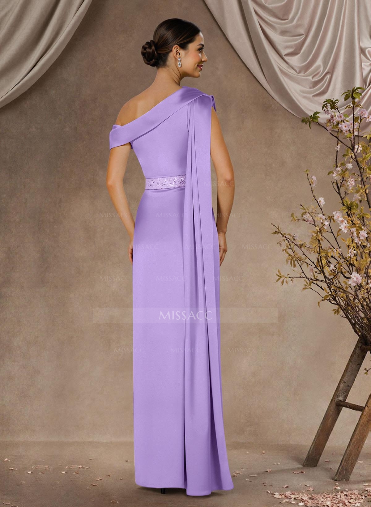 Sheath/Column One-Shoulder Floor-Length Crepe Satin Mother Of The Bride Dresses With Sweeping Side Drape
