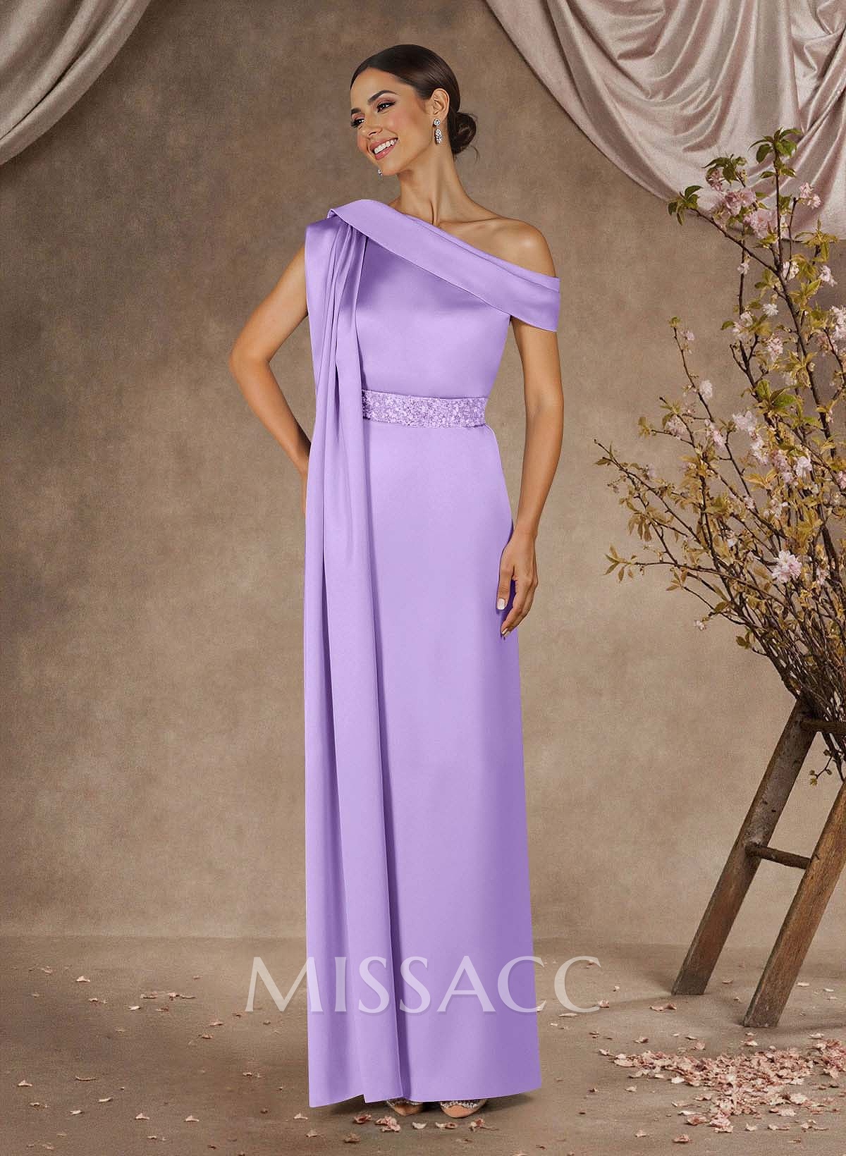 Sheath/Column One-Shoulder Floor-Length Crepe Satin Mother Of The Bride Dresses With Sweeping Side Drape
