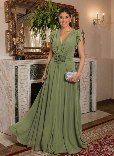 Elegant V-Neck Short Sleeves A-Line Floor-Length Chiffon Mother Of The Bride Dresses With Ruffle/Flower(s)