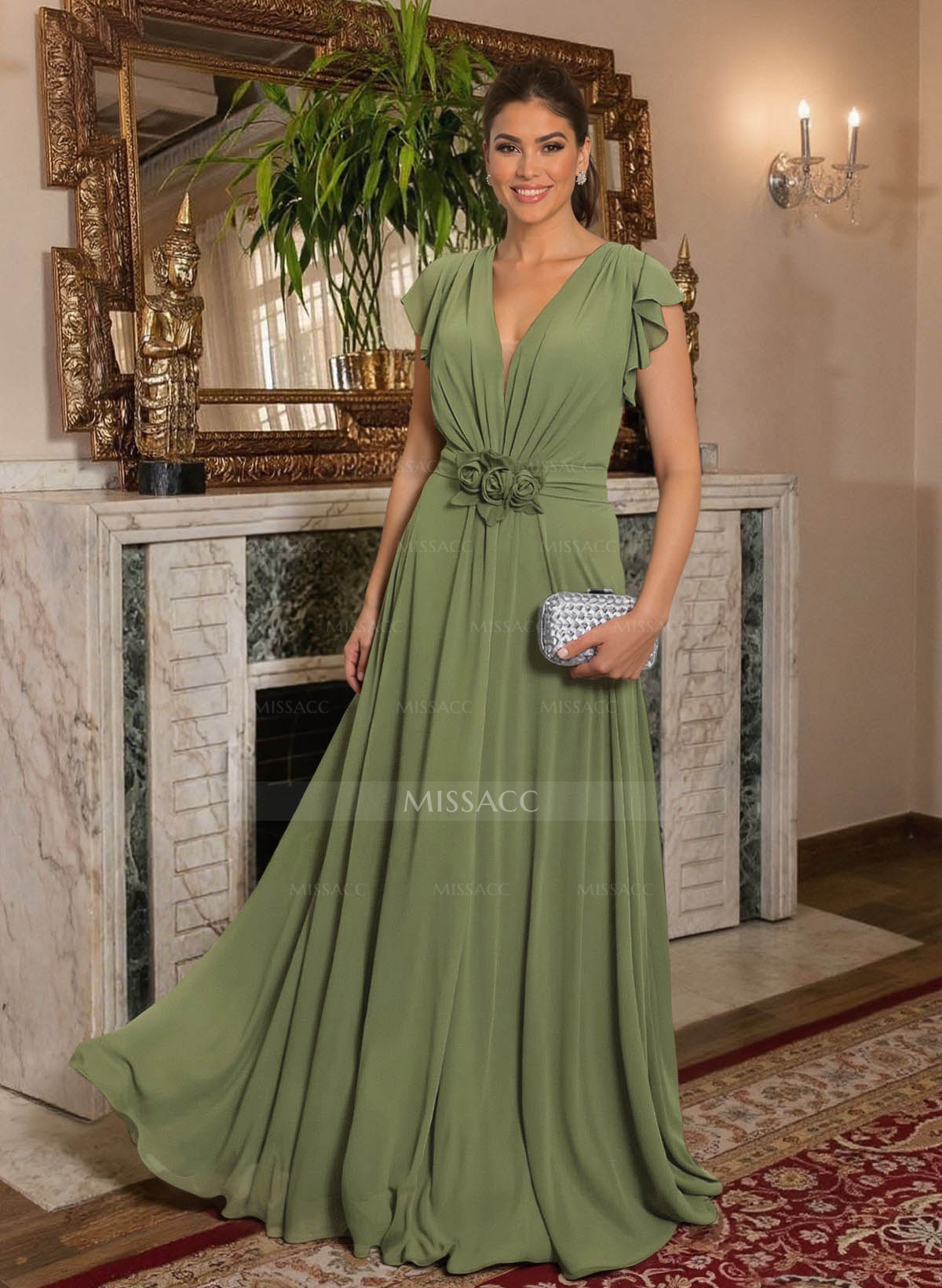 Elegant V-Neck Short Sleeves A-Line Floor-Length Chiffon Mother Of The Bride Dresses With Ruffle/Flower(s)