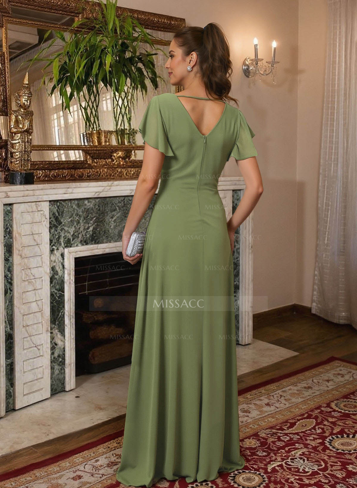 Elegant V-Neck Short Sleeves A-Line Floor-Length Chiffon Mother Of The Bride Dresses With Ruffle/Flower(s)