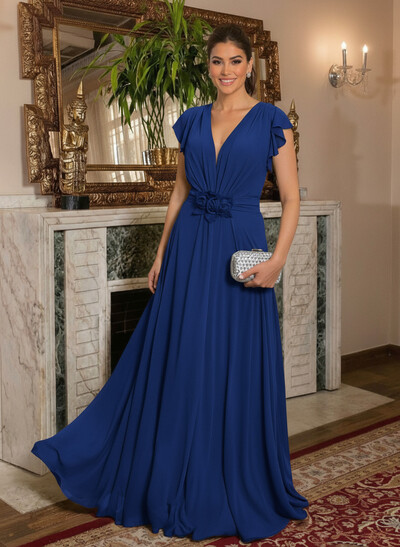 Elegant V-Neck Short Sleeves A-Line Floor-Length Chiffon Mother Of The Bride Dresses With Ruffle/Flower(s)