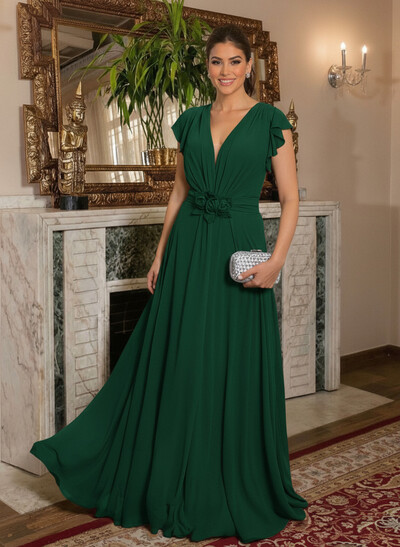Elegant V-Neck Short Sleeves A-Line Floor-Length Chiffon Mother Of The Bride Dresses With Ruffle/Flower(s)