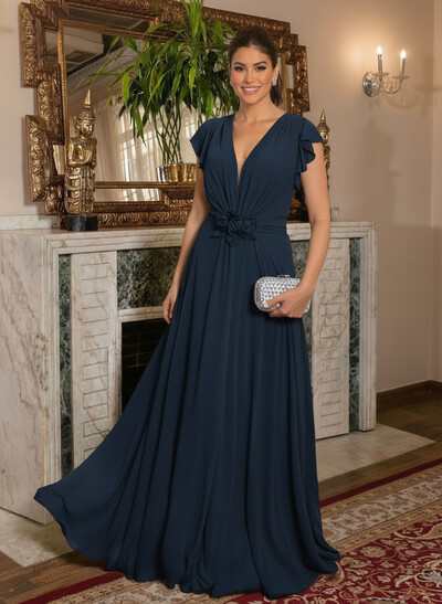 Elegant V-Neck Short Sleeves A-Line Floor-Length Chiffon Mother Of The Bride Dresses With Ruffle/Flower(s)