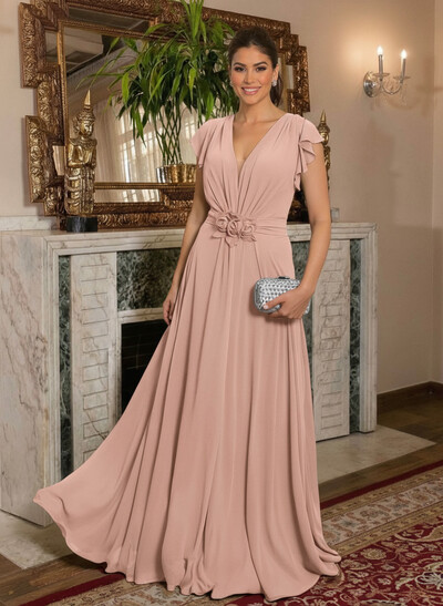 Elegant V-Neck Short Sleeves A-Line Floor-Length Chiffon Mother Of The Bride Dresses With Ruffle/Flower(s)
