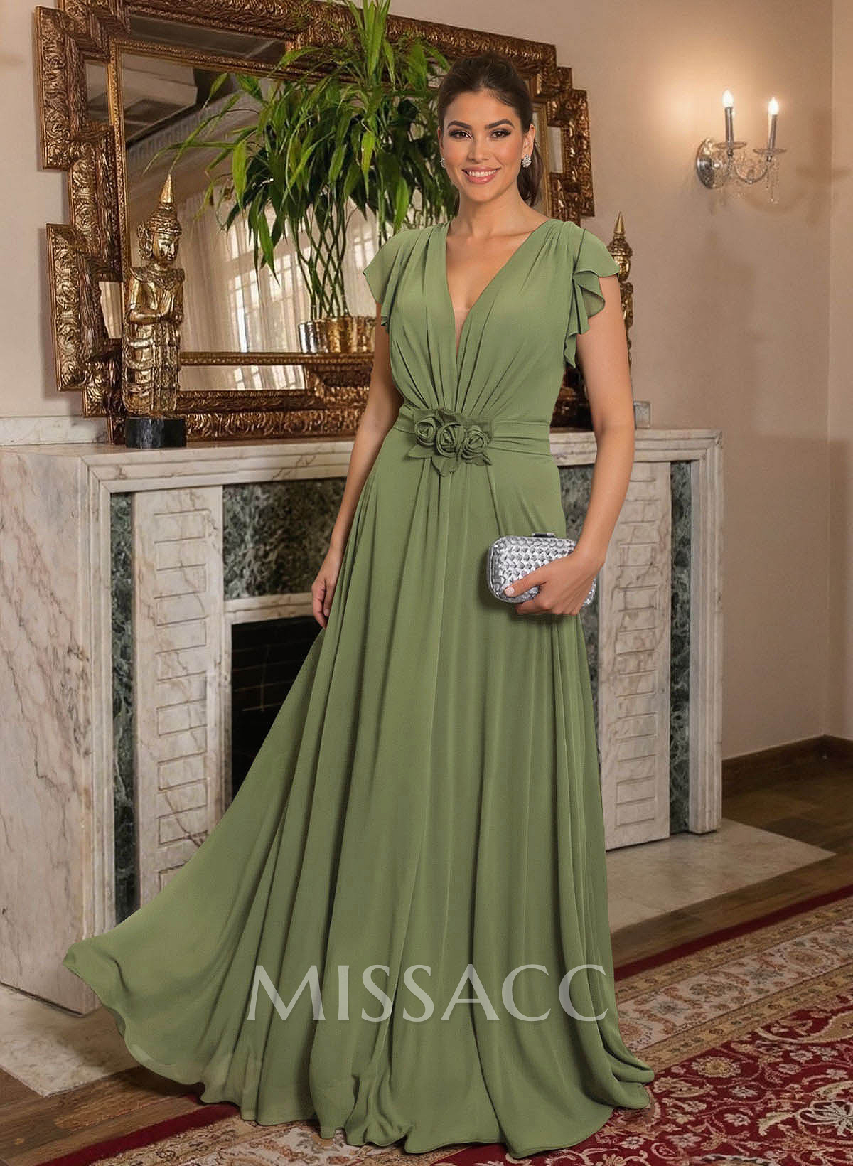 Elegant V-Neck Short Sleeves A-Line Floor-Length Chiffon Mother Of The Bride Dresses With Ruffle/Flower(s)