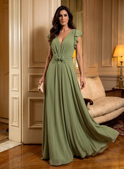 Elegant V-Neck Short Sleeves A-Line Floor-Length Chiffon Mother Of The Bride Dresses With Ruffle/Flower(s)