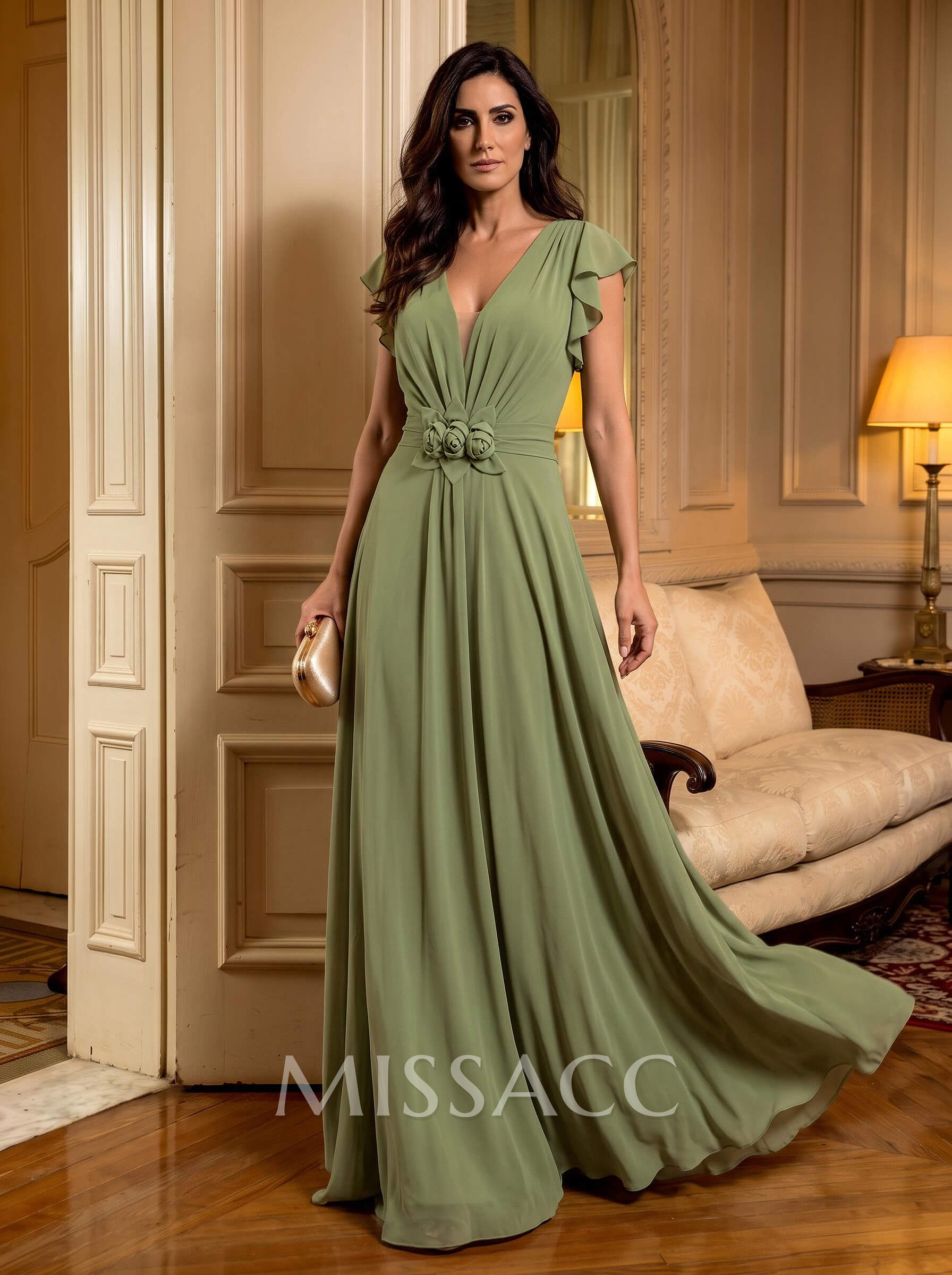 Elegant V-Neck Short Sleeves A-Line Floor-Length Chiffon Mother Of The Bride Dresses With Ruffle/Flower(s) Elegant V-Neck Short Sleeves A-Line Floor-Length Chiffon Mother Of The Bride Dresses With Ruffle/Flower(s)