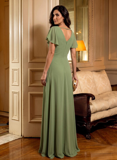 Elegant V-Neck Short Sleeves A-Line Floor-Length Chiffon Mother Of The Bride Dresses With Ruffle/Flower(s)