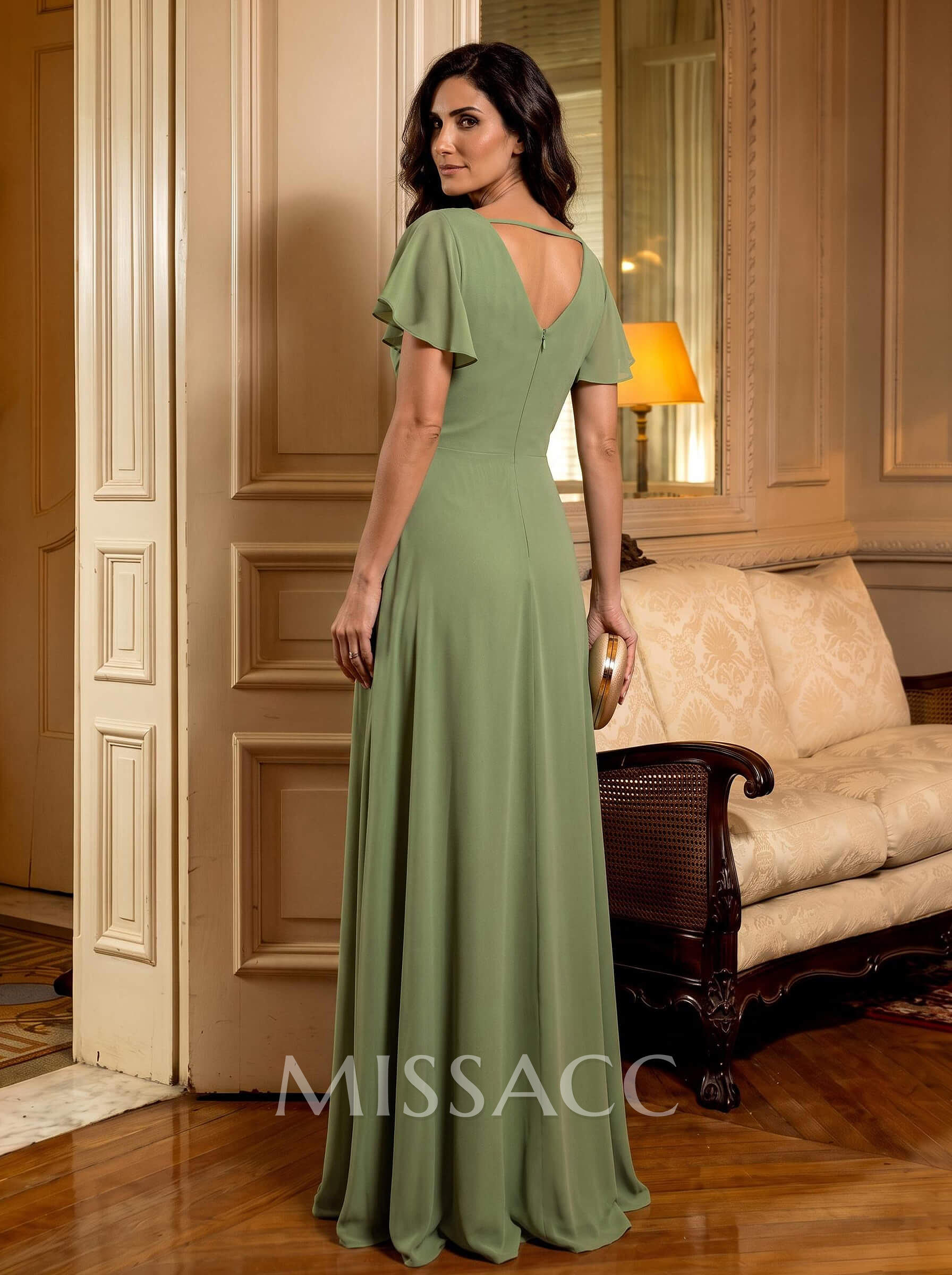 Elegant V-Neck Short Sleeves A-Line Floor-Length Chiffon Mother Of The Bride Dresses With Ruffle/Flower(s) Elegant V-Neck Short Sleeves A-Line Floor-Length Chiffon Mother Of The Bride Dresses With Ruffle/Flower(s)