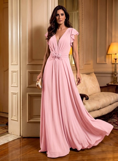 Elegant V-Neck Short Sleeves A-Line Floor-Length Chiffon Mother Of The Bride Dresses With Ruffle/Flower(s)