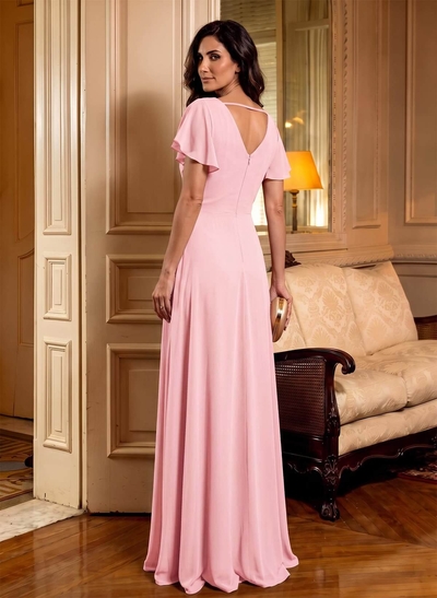 Elegant V-Neck Short Sleeves A-Line Floor-Length Chiffon Mother Of The Bride Dresses With Ruffle/Flower(s)