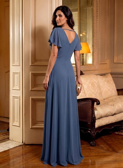 Elegant V-Neck Short Sleeves A-Line Floor-Length Chiffon Mother Of The Bride Dresses With Ruffle/Flower(s)
