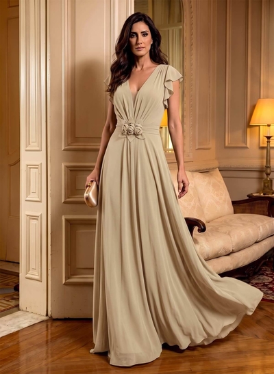 Elegant V-Neck Short Sleeves A-Line Floor-Length Chiffon Mother Of The Bride Dresses With Ruffle/Flower(s)