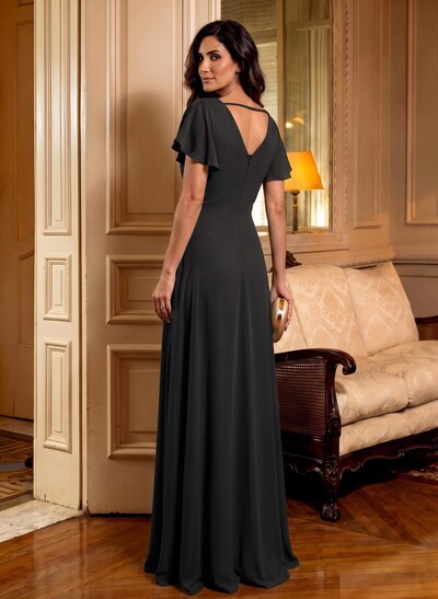Elegant V-Neck Short Sleeves A-Line Floor-Length Chiffon Mother Of The Bride Dresses With Ruffle/Flower(s)