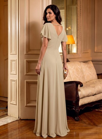 Elegant V-Neck Short Sleeves A-Line Floor-Length Chiffon Mother Of The Bride Dresses With Ruffle/Flower(s)