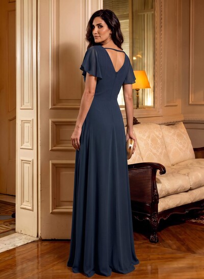 Elegant V-Neck Short Sleeves A-Line Floor-Length Chiffon Mother Of The Bride Dresses With Ruffle/Flower(s)
