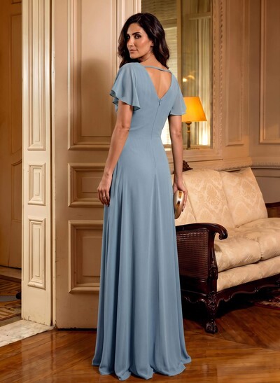 Elegant V-Neck Short Sleeves A-Line Floor-Length Chiffon Mother Of The Bride Dresses With Ruffle/Flower(s)