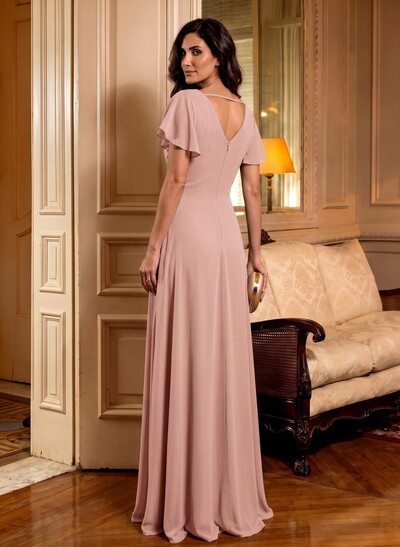Elegant V-Neck Short Sleeves A-Line Floor-Length Chiffon Mother Of The Bride Dresses With Ruffle/Flower(s)