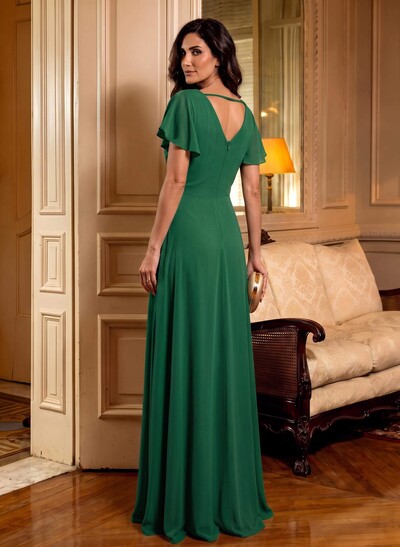 Elegant V-Neck Short Sleeves A-Line Floor-Length Chiffon Mother Of The Bride Dresses With Ruffle/Flower(s)