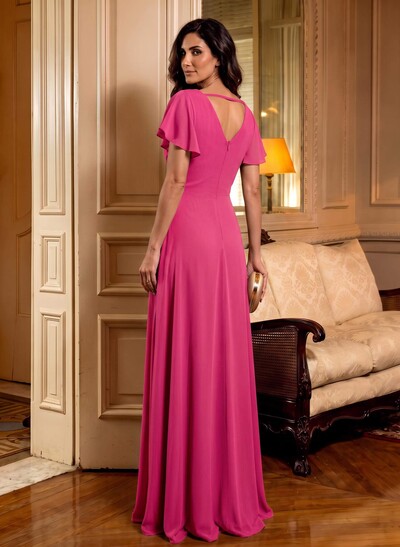 Elegant V-Neck Short Sleeves A-Line Floor-Length Chiffon Mother Of The Bride Dresses With Ruffle/Flower(s)