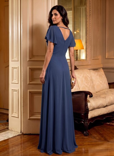 Elegant V-Neck Short Sleeves A-Line Floor-Length Chiffon Mother Of The Bride Dresses With Ruffle/Flower(s)