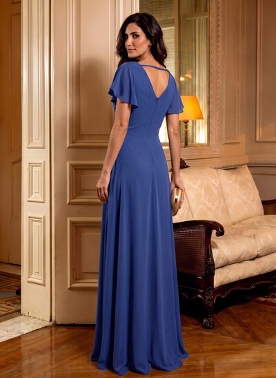Elegant V-Neck Short Sleeves A-Line Floor-Length Chiffon Mother Of The Bride Dresses With Ruffle/Flower(s)