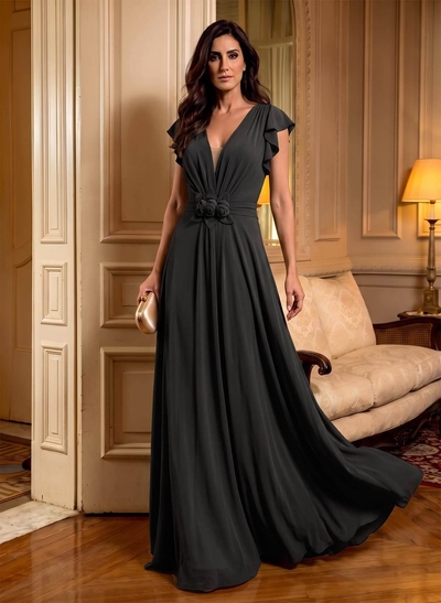 Elegant V-Neck Short Sleeves A-Line Floor-Length Chiffon Mother Of The Bride Dresses With Ruffle/Flower(s)