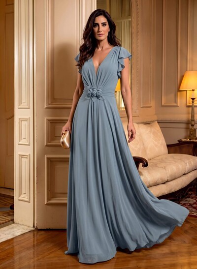 Elegant V-Neck Short Sleeves A-Line Floor-Length Chiffon Mother Of The Bride Dresses With Ruffle/Flower(s)