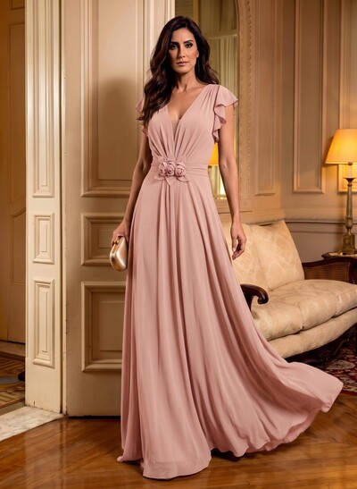 Elegant V-Neck Short Sleeves A-Line Floor-Length Chiffon Mother Of The Bride Dresses With Ruffle/Flower(s)