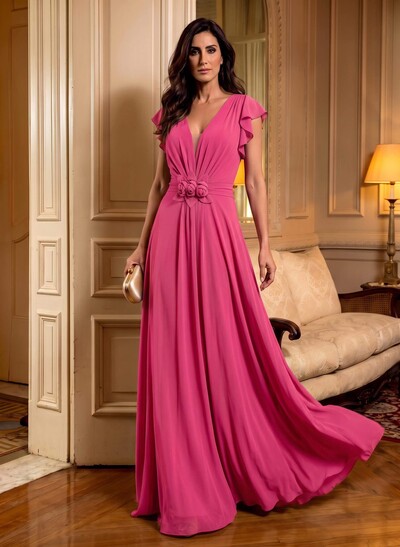 Elegant V-Neck Short Sleeves A-Line Floor-Length Chiffon Mother Of The Bride Dresses With Ruffle/Flower(s)