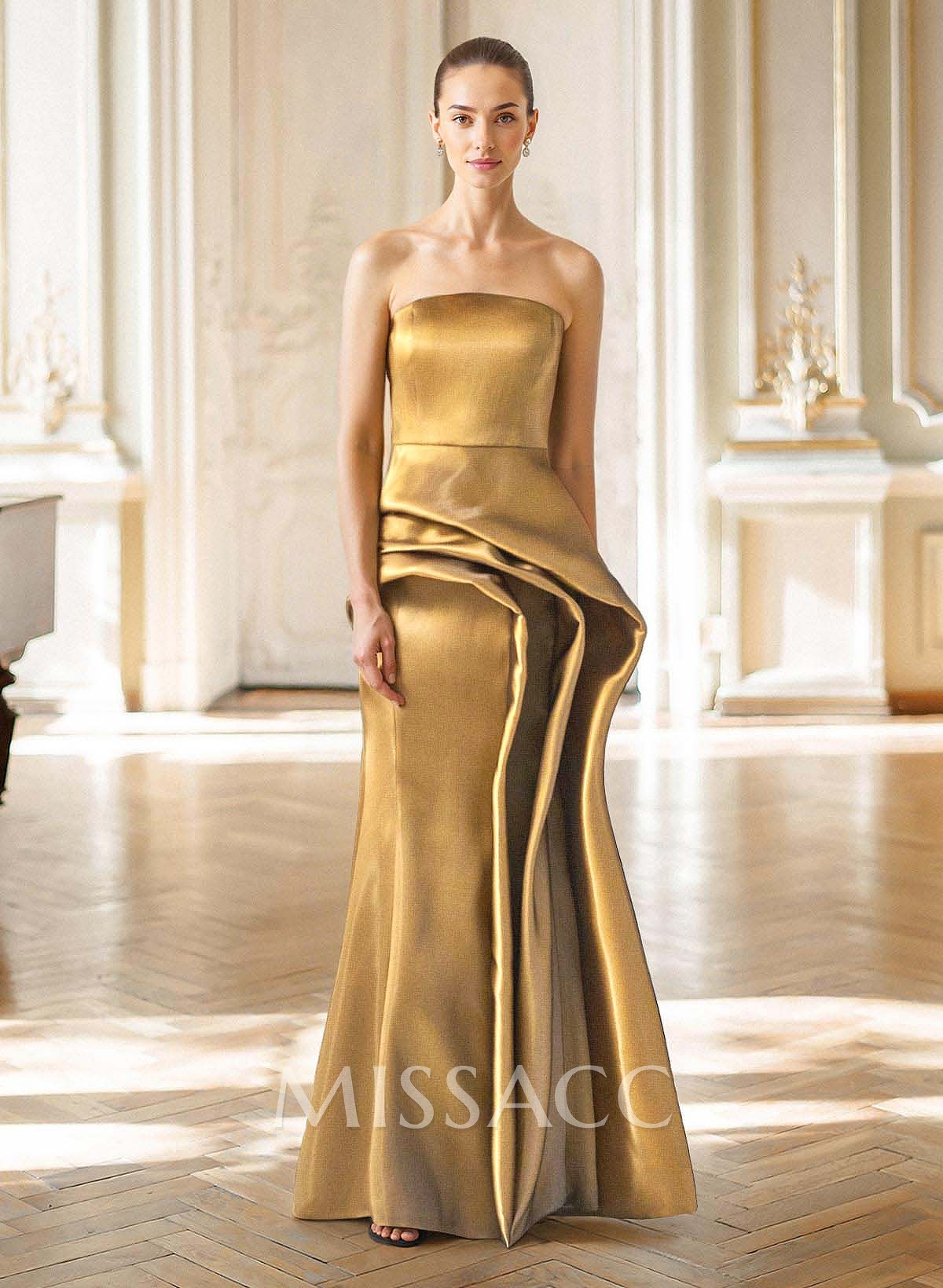 Elegant Strapless Sleeveless Mermaid Floor-Length Liquid Satin Mother Of The Bride Dresses With Ruffle/Pleated
