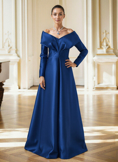 Elegant Off-The-Shoulder Long Sleeves A-Line Floor-Length Satin Mother Of The Bride Dresses With Pleated