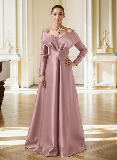 Elegant Off-The-Shoulder Long Sleeves A-Line Floor-Length Satin Mother Of The Bride Dresses With Pleated