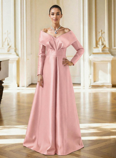 Elegant Off-The-Shoulder Long Sleeves A-Line Floor-Length Satin Mother Of The Bride Dresses With Pleated