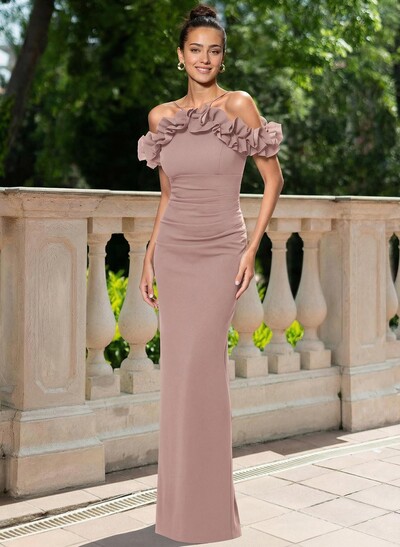 Sheath/Column Off-The-Shoulder Sleeveless Floor-Length Elastic Satin Mother Of The Bride Dresses With Shoulder Ruffle