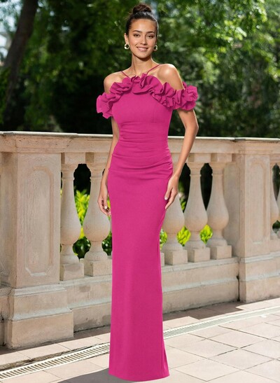 Sheath/Column Off-The-Shoulder Sleeveless Floor-Length Elastic Satin Mother Of The Bride Dresses With Shoulder Ruffle