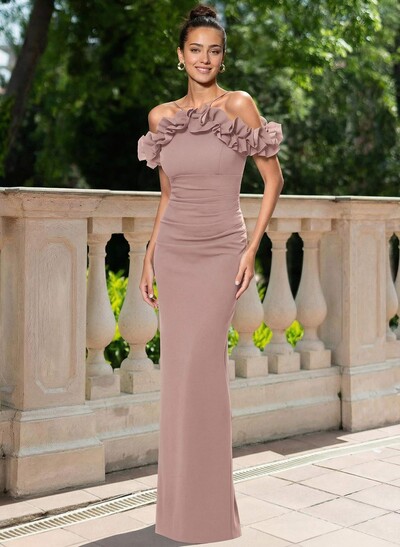 Sheath/Column Off-The-Shoulder Sleeveless Floor-Length Elastic Satin Mother Of The Bride Dresses With Shoulder Ruffle