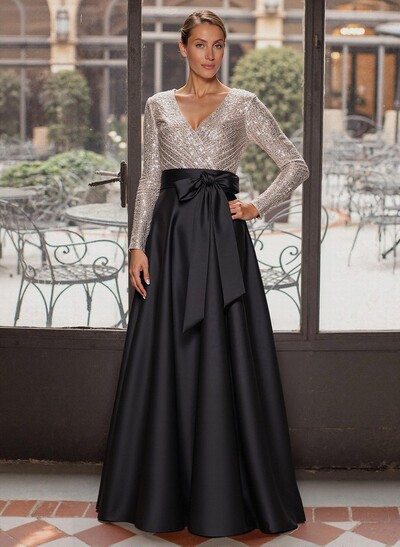 A-Line V-Neck Long Sleeves Floor-Length Satin(Non-Stretch) Evening Dresses With Bow(s)