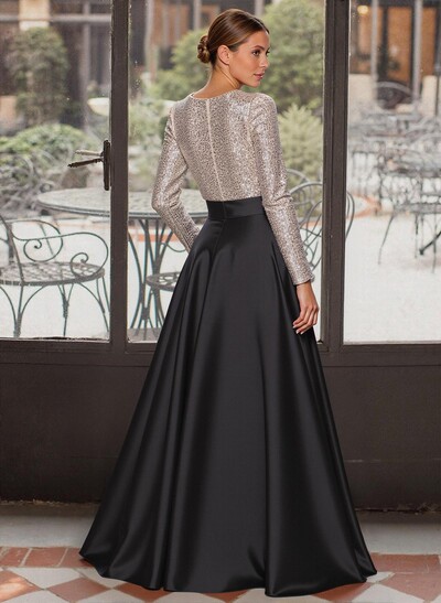 A-Line V-Neck Long Sleeves Floor-Length Satin(Non-Stretch) Evening Dresses With Bow(s)
