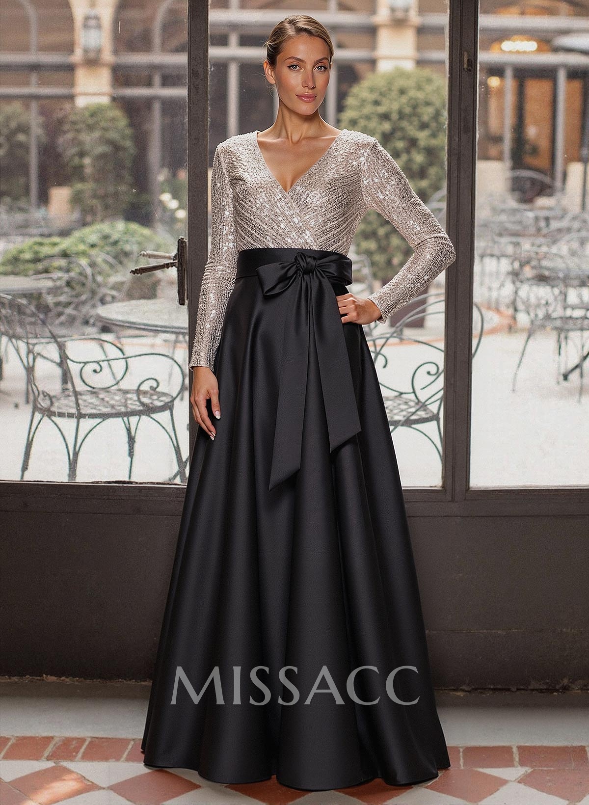A-Line V-Neck Long Sleeves Floor-Length Satin Mother Of The Bride Dresses With Bow(s) A-Line V-Neck Long Sleeves Floor-Length Satin Mother Of The Bride Dresses With Bow(s)