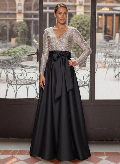 A-Line V-Neck Long Sleeves Floor-Length Satin Mother Of The Bride Dresses With Bow(s)