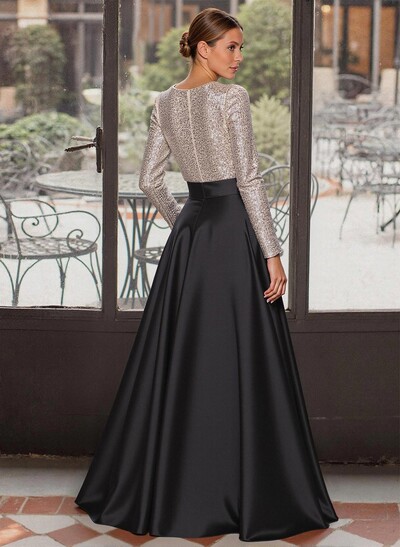 A-Line V-Neck Long Sleeves Floor-Length Satin Mother Of The Bride Dresses With Bow(s)