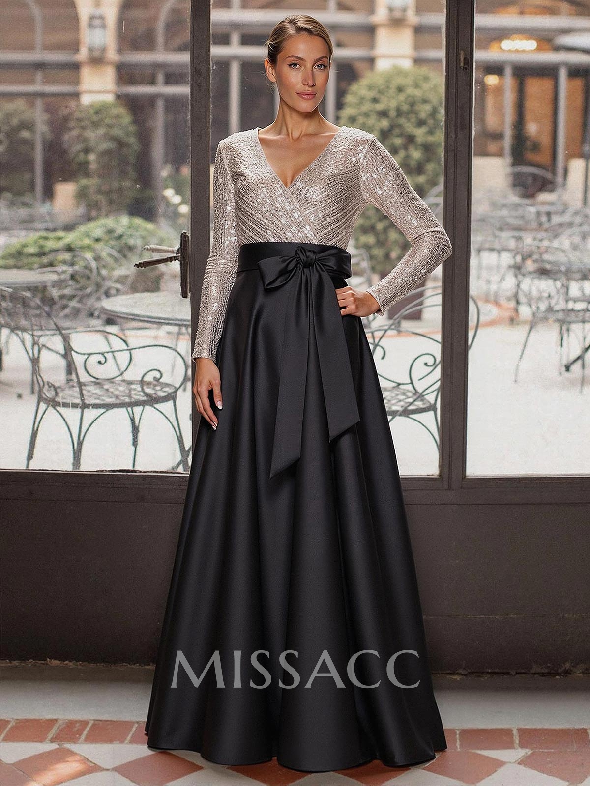 A-Line V-Neck Long Sleeves Floor-Length Satin Mother Of The Bride Dresses With Bow(s)