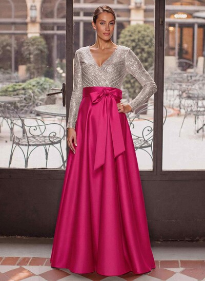 A-Line V-Neck Long Sleeves Floor-Length Satin Mother Of The Bride Dresses With Bow(s)