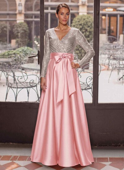 A-Line V-Neck Long Sleeves Floor-Length Satin Mother Of The Bride Dresses With Bow(s)