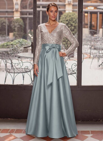 A-Line V-Neck Long Sleeves Floor-Length Satin Mother Of The Bride Dresses With Bow(s)