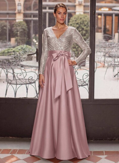 A-Line V-Neck Long Sleeve Floor-Length Satin Mother Of The Bride Dress With Bows