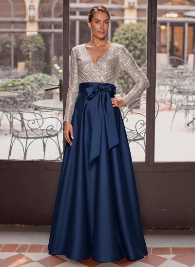 A-Line V-Neck Long Sleeves Floor-Length Satin Mother Of The Bride Dresses With Bow(s)
